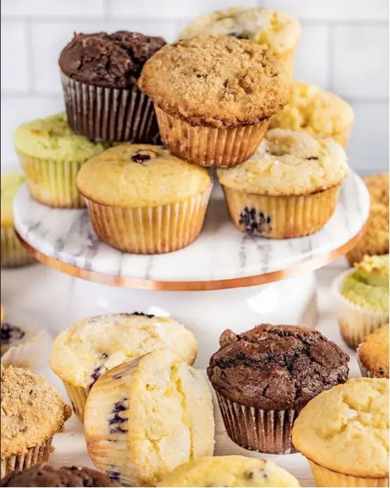 Assortment of the most popular muffin flavors including blueberry, chocolate chip, and banana nut.