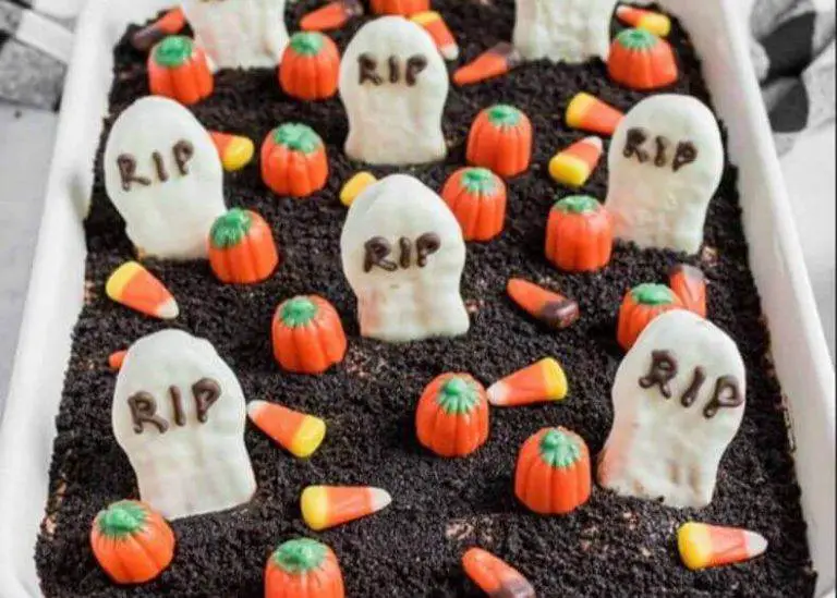 Step-by-step preparation of the brownie graveyard recipe with various ingredients and decorations