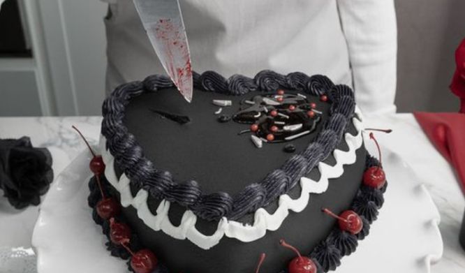 A meticulously decorated black heart cake with a sleek fondant finish. The edges are piped with alternating layers of white and dark grey icing, adding a sophisticated contrast. Around the base, small glossy red cherries add a pop of color. On top, there's an artistic arrangement of candy shards and sprinkles, with a knife blade partially inserted into the cake, smeared with red for a striking effect, suggesting a theme that's both romantic and edgy.